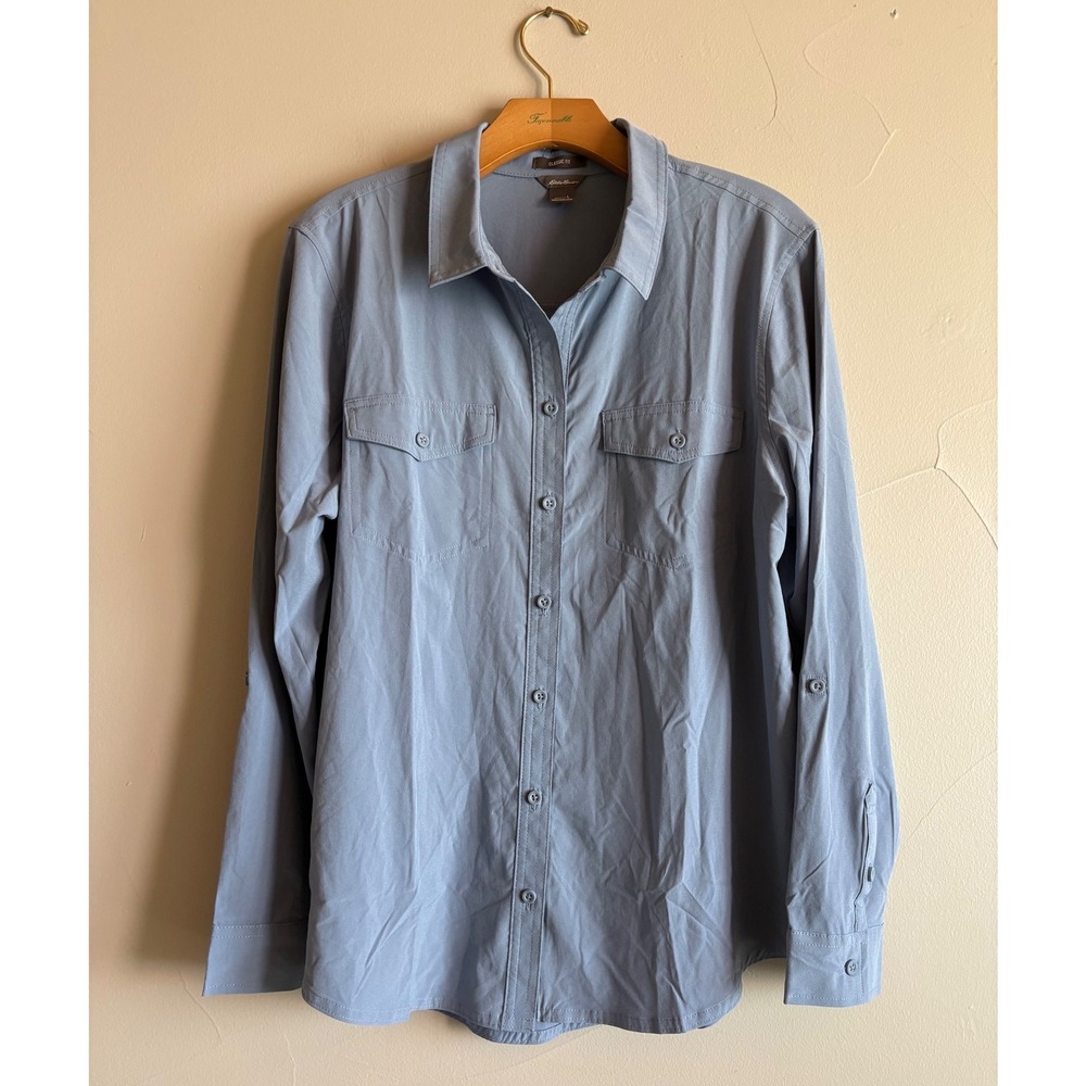 Eddie Bauer Womens Departure Shirt Slate Blue Long Sleeve Roll Tab Stretch L
